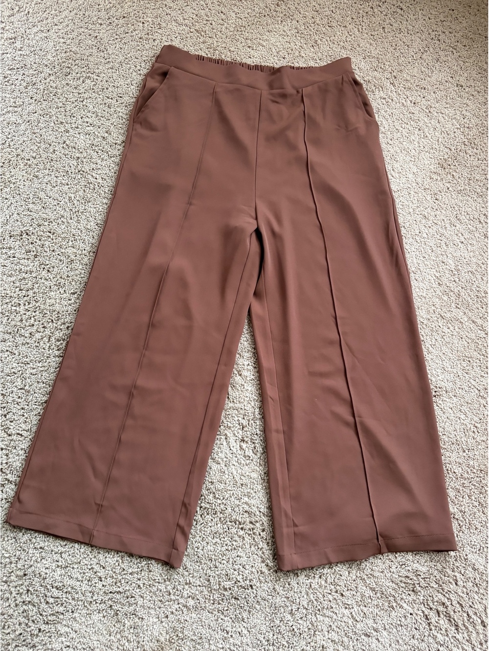 Melloday Brown Wide Leg Pants Elastic Waist Pintuck Seam XL Pintuck Trouser